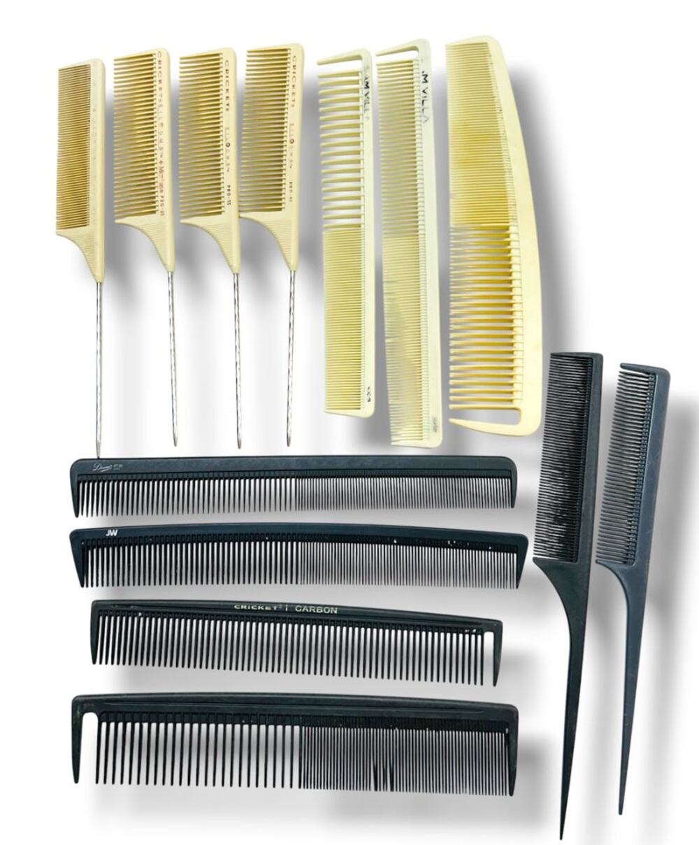 Lot of 13 Vintage Salon Combs Assorted Carbon Silk Cricket Diane JW Sam Villa